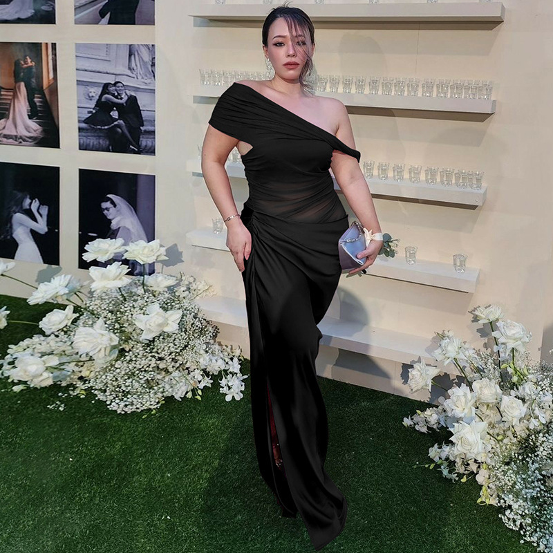 Women's Sexy Off-Shoulder Long Dress New Arrival Summer Semi-Sheer Mesh Panels_ecoleips.com