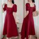 Hepburn Style Plus-Size Dress for Women, Summer Puff Sleeve, Large Size Women's Dress, Square Neck, Waist-Cinching, Slimming, Elegant, Over-The-Knee Long Dress