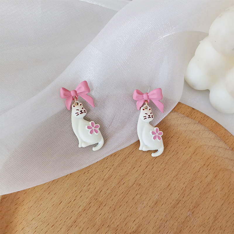 Sterling Silver Needle Japanese And Korean Cute Bow Cat Stud Earrings Fashion Sweet And Cute Girlish Style Earrings H3893 display picture 4