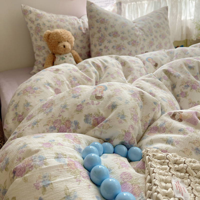 Madre y bebé clase A cuatro piezas de algodón doble hilo ropa de cama ins sábanas de flores trituradas cubierta dormitorio tres piezas de conjunto