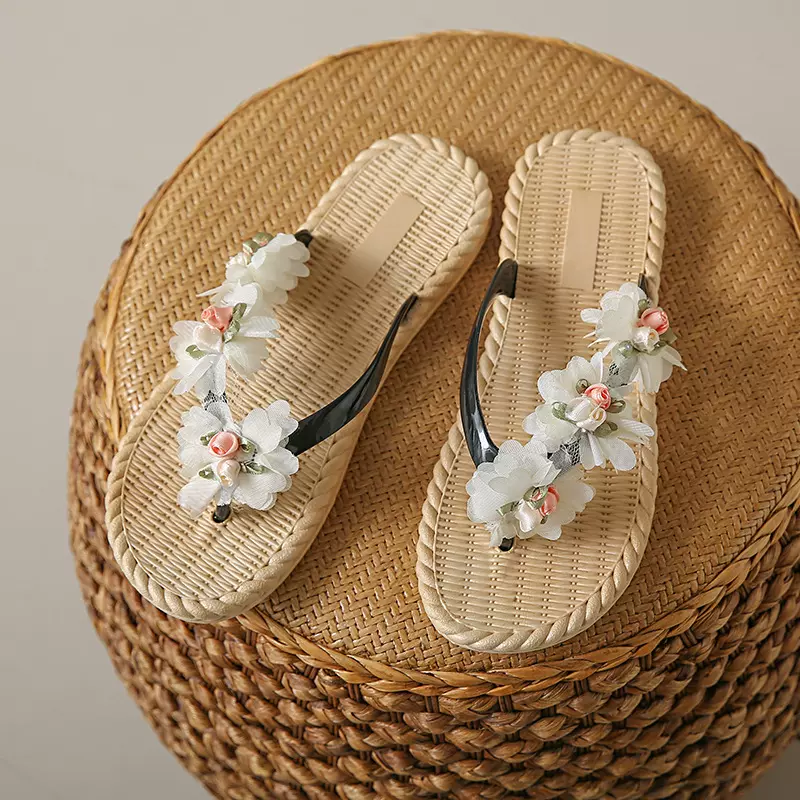布花花朵人字拖鞋女士夏外穿时装耐磨防滑平底夹脚夹板鞋沙滩鞋女