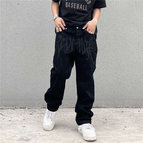Black Jeans for Men and Women, Trendy High Street, American Retro Embroidered Letter High-Waist Straight Leg Hip-Hop Loose Jeans