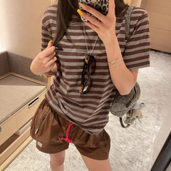 25春夏新作Mファミリー同柄ストライプ半袖Tシャツレディースブラウントップ速乾ルーズスポーツカジュアル半袖