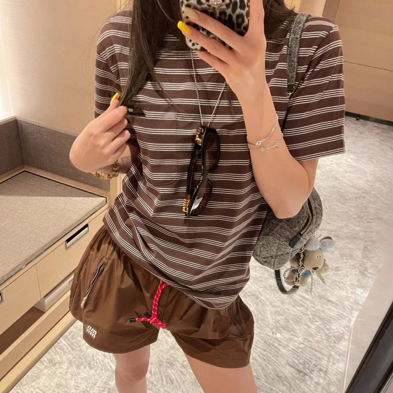 Spring and Summer New Product m Brand Same Style 207 Striped Short-Sleeve T-Shirt for Women, Coffee-Colored Top, Quick-Dry, Loose Fit, Sports Casual Short-Sleeve