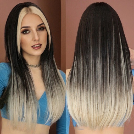 Layered Highlights Wig for Women, High-Density Cosplay Anime Black Long Straight Full Wig, Synthetic Long Straight Hair with Gradient