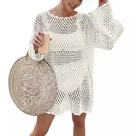 AliExpress Cross-border Women's 2024 Summer New Knitted Round Neck Hollow Beach Blouse Loose Casual Knitted Sweater AliExpress Cross-border Women's 2024 Summer New Knitted Round Neck Hollow Beach Blouse Loose Casual Knitted Sweater