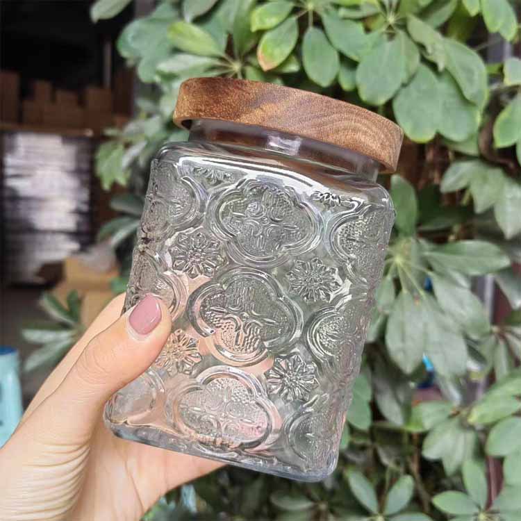复古木盖玻璃密封罐750ml方形收纳杂粮花茶玻璃瓶糖果礼品玻璃罐