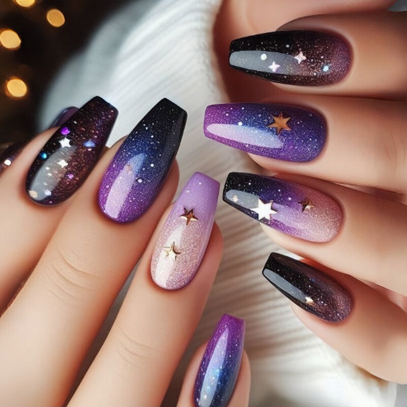 Long Ballet Nails Purple Star Moon Smudged Fake Nails Ins Style European and American Nails Removable 24 Pieces of Manicure