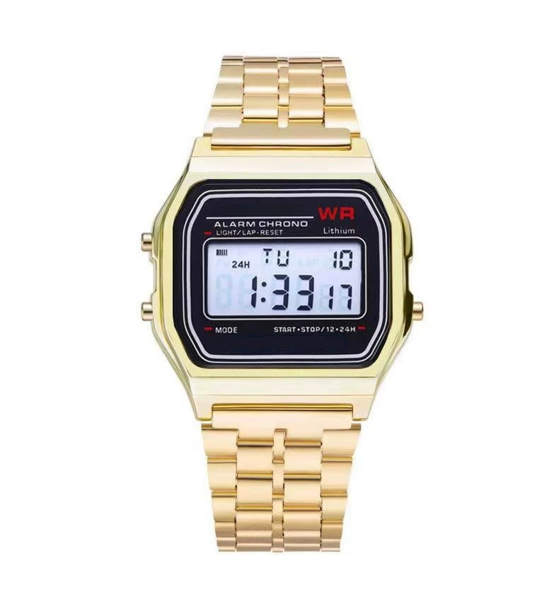Умные часы Digital Watch 91W, браслет из нержавеющей стали, светодиодная подсветка, узкий дисплей 24 ч (Gold/Silver)