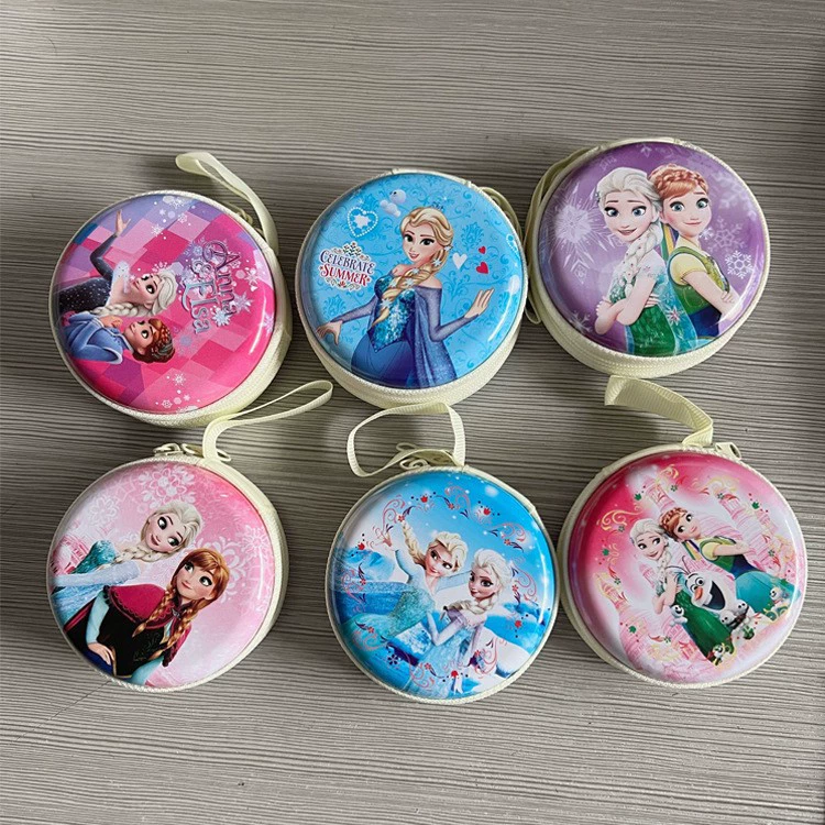 Round tinplate coin purse, zipper with chain, cartoon print, compact 7×7×3 cm