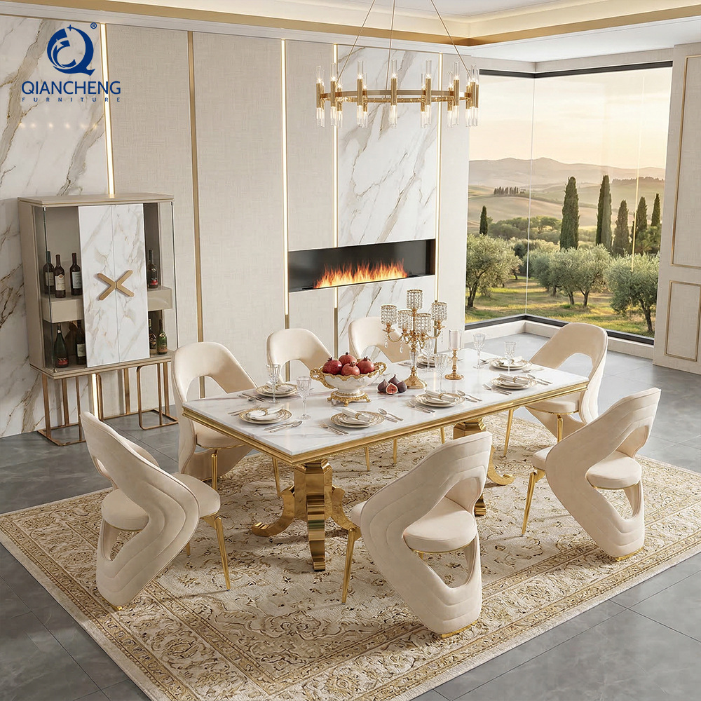 Mesa de comedor de mármol y acero inoxidable rectangular para restaurante