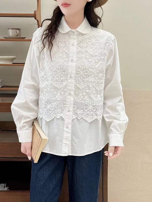 2026 Spring New Style Multi-Layer Lace Embroidery Solid Color Loose Women's Cardigan Long-Sleeved Shirt Wholesale