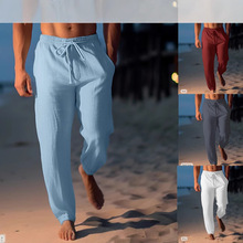 男式亚麻长裤夏裤沙滩裤抽绳弹力腰部直筒平实舒适透气休闲日常