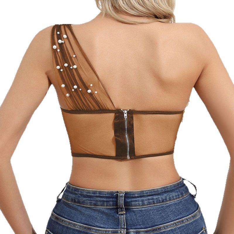 Estilo caliente transfronterizo europeo y americano de malla de encaje de tul transparente sexy puro deseo top de mujer con botón de perlas sujetador de hueso de pescado