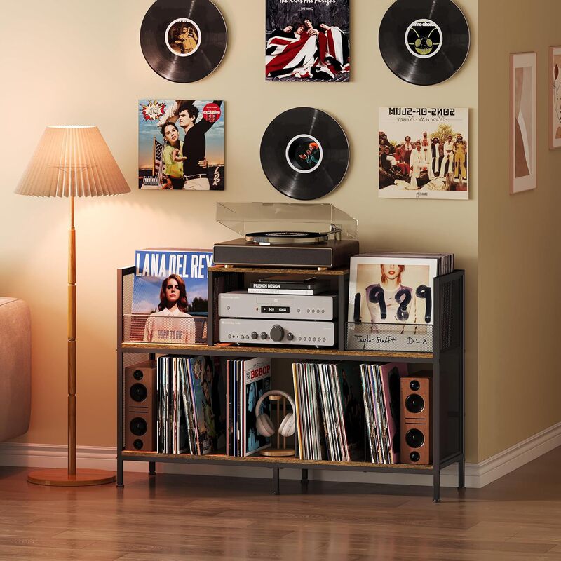 Cross-Border Supply of Bilateral Record Player Table Coffee Vinyl Record Rack Iron and Wood Combined Record Storage Rack Retro Sound Track