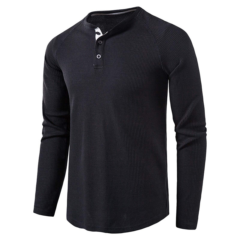 Mode Herren Langarm Henley T-Shirt Sport Casual Pullover Lose Tops Bluse Knopf Einfarbig Männer T-Shirts Unterhemden_voghion.com