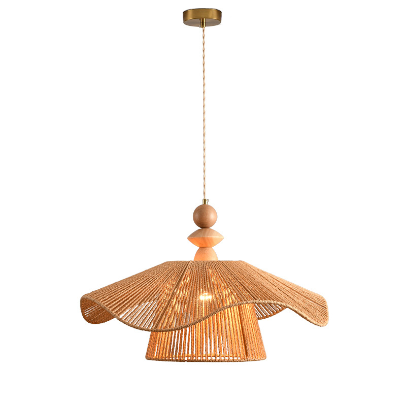 Lámpara del restaurante japonés, viento tranquilo retro dormitorio, lámpara de sombrero de paja, lámpara de cuerda de lino de papel tejida a mano simple