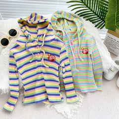 韓版春秋2023新款女連帽條紋衛衣休閒上衣女童彈力長袖打底衫0038