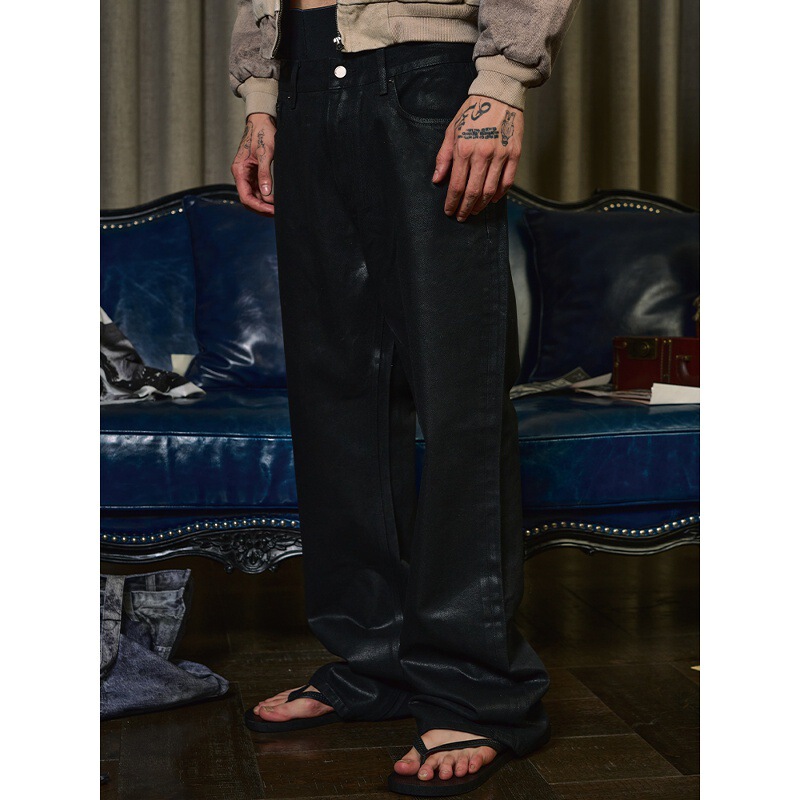 2025 Handmade Waxed Washed Distressed Bootcut Straight Textured Coated Jeans Bootcut Version