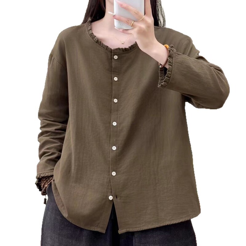 木耳领双层棉纱长袖T恤女新款宽松棉质衬衫开衫上衣衬衣|undefined