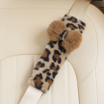 Blue Rain car seat belt shoulder pads, plush and comfortable, prevent neck strain, cross-border leopard print car shoulder pads (Seat belt shoulder pad) - rabbit-fur-leopard-print-shoulder-pad-with-brown-bow