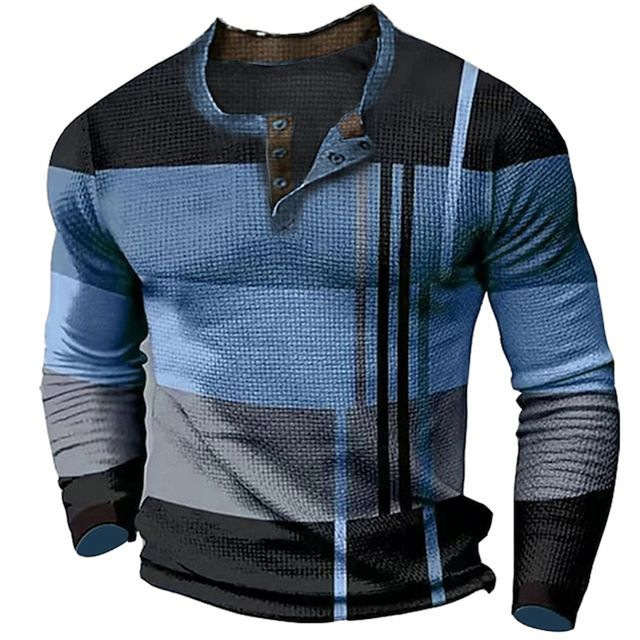 Retro Men's Long Sleeve T-Shirt Open Placket 3 Buckle Long T-Shirt Digital Printing Patch Pattern Men's Top Independent