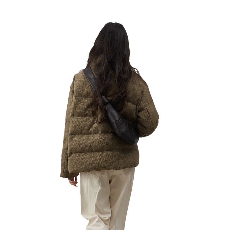 Velvet woolen demi-season warm jacket with down, goose down
