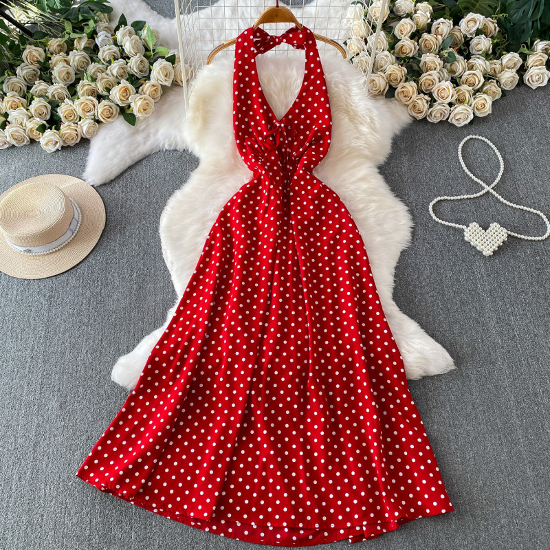 Carefully Selected 90S Hong Kong Style Retro Red Polka Dot V-Neck Halter Dress for Women, 2026 Summer High-Waisted Slimming A-Line Long Dress