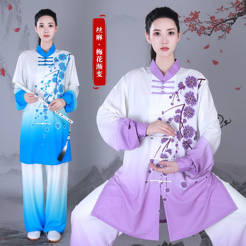 Новая восьмисекционная одежда для тай-чи с принтом и окрашенным цветком сливы для мужчин и женщин, одежда для выступлений по боевым искусствам средней длины, весна и осень