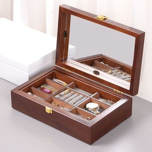 Internet Celebrity Solid Wood Double-Layer Jewelry Storage Box with Mirror Jewelry Storage Box Jewelry Box Exquisite Simple Style New Style