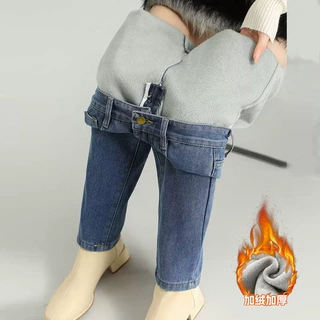 加绒牛仔裤女秋冬款加厚直筒高腰保暖百搭九分裤复古老爹哈伦裤子