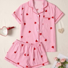 カーディガンの襟付きパジャマ半袖の家庭服の薄いタイプの愛の縮のショートパンツのスーツは清新でかわいいです。