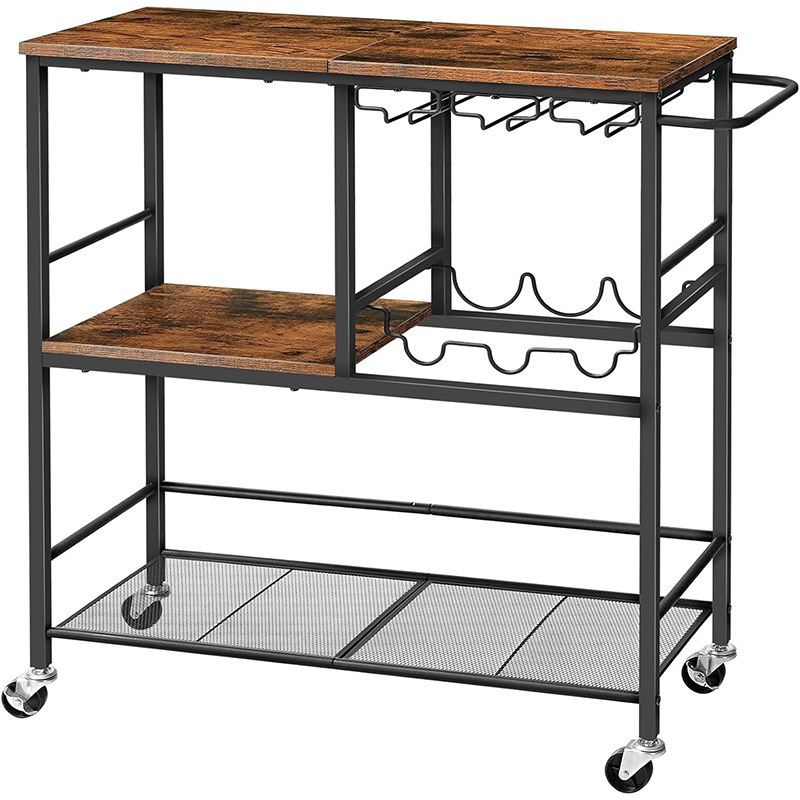 Amazon Cross-Border Home Bar Cart 29.5inch Wheeled 3-Tier Service Cart with Wine Rack and Glasses