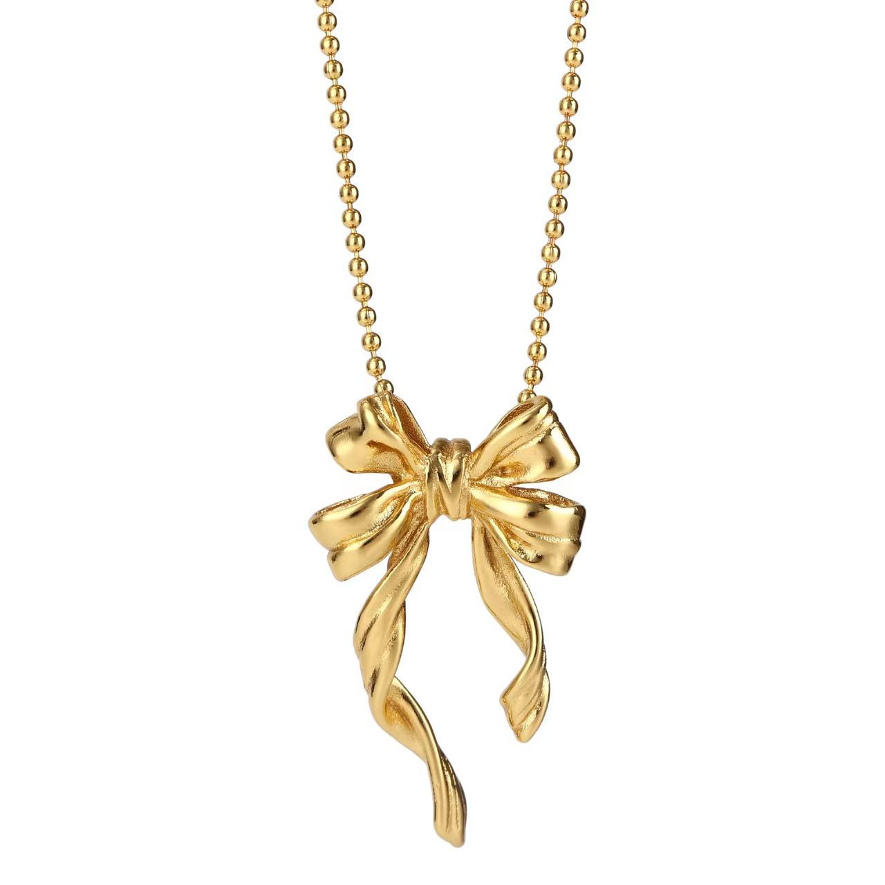 Collier géométrique dynamique à double rangée de nœud papillon pour femme, minimaliste, perles rondes, chaîne ras du cou en alliage plaqué._voghion.com