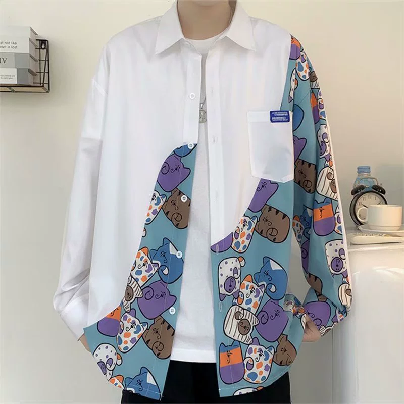 Мужская рубашка с длинными рукавами в японском стиле, летняя куртка в гонконгском стиле, модная повседневная рубашка с крутым мультяшным дизайном