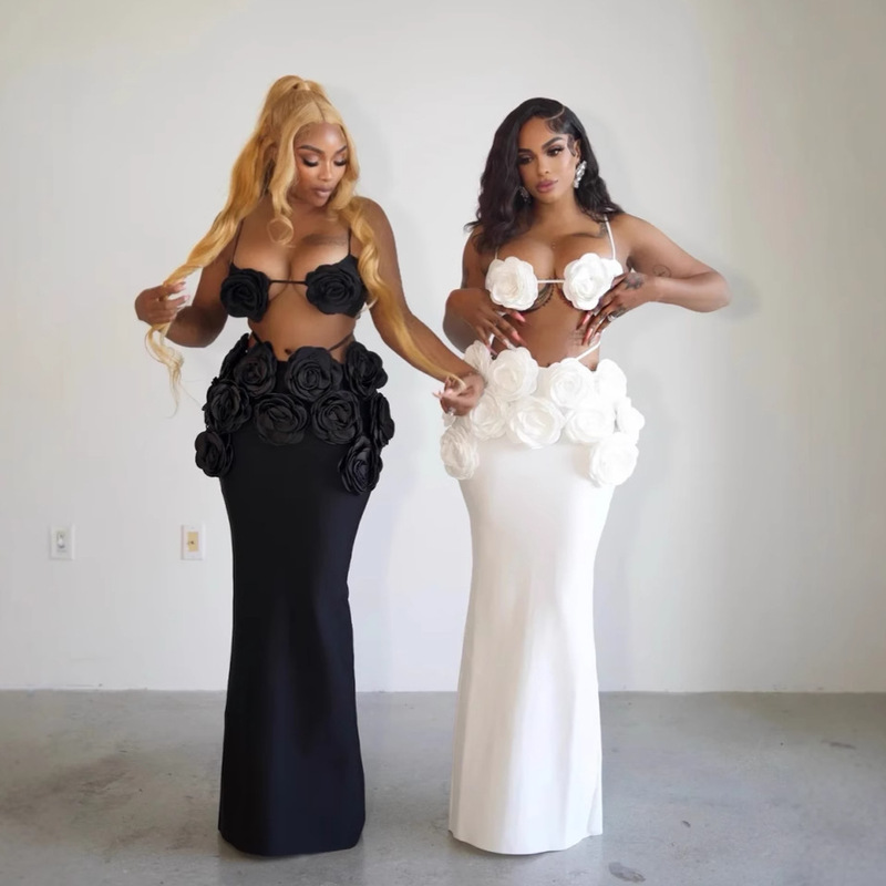 Cross-border foreign trade three-dimensional flower neck top hip overskirt suit Summer party holiday bandage dress