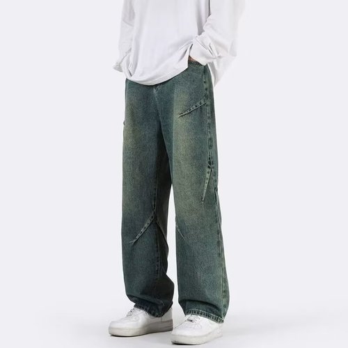 Carefully selected patchwork denim jeans for men—spring and autumn, with a relaxed, flowy silhouette, featuring a high-rise design that exudes sophisticated American style.