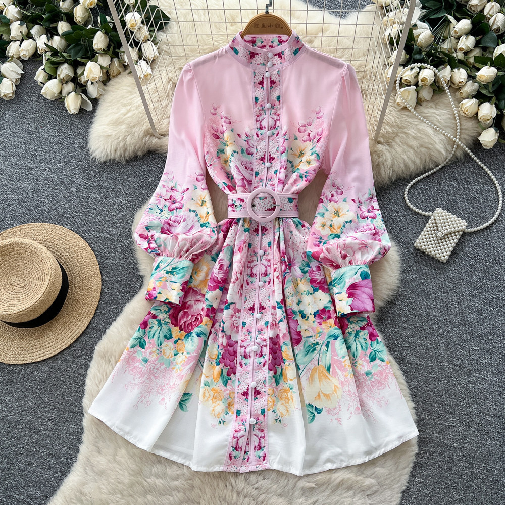 Elegant Stand Collar Lantern Sleeve Printed Dress for Women Autumn Youthful And Flattering a Line Skirt with a Belt_ecoleips.com