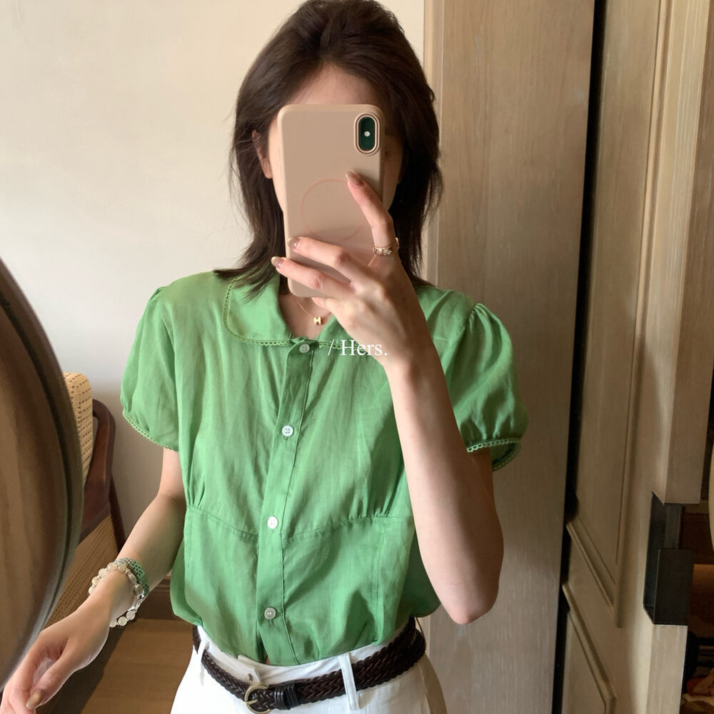 Áo sơ mi nữ tay phồng cổ bèo chất liệu ramie thoáng mát — màu trắng, xanh lá cây, màu mơ