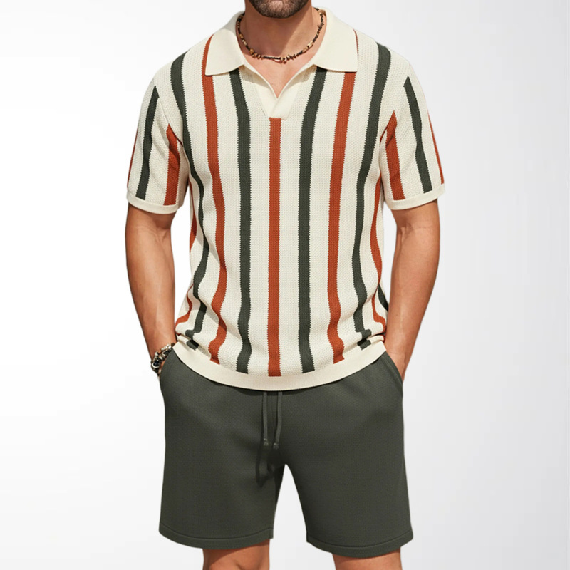 Foreign Trade Men's Clothing Summer New Striped Pullover Knitwear Set Casual Short-Sleeved Polo Shirt Two-Piece Set Sy0030 Foreign Trade Men's Clothing Summer New Striped Pullover Knitwear Set Casual Short-Sleeved Polo Shirt Two-Piece Set Sy0030