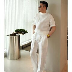 老钱风素色松弛感套装成熟稳重男士白色亚麻短袖T恤一整套配裤子