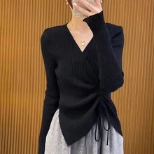 毛衣女春秋季2025新款修身打底衫上衣v领抽绳长袖黑色内搭针织衫