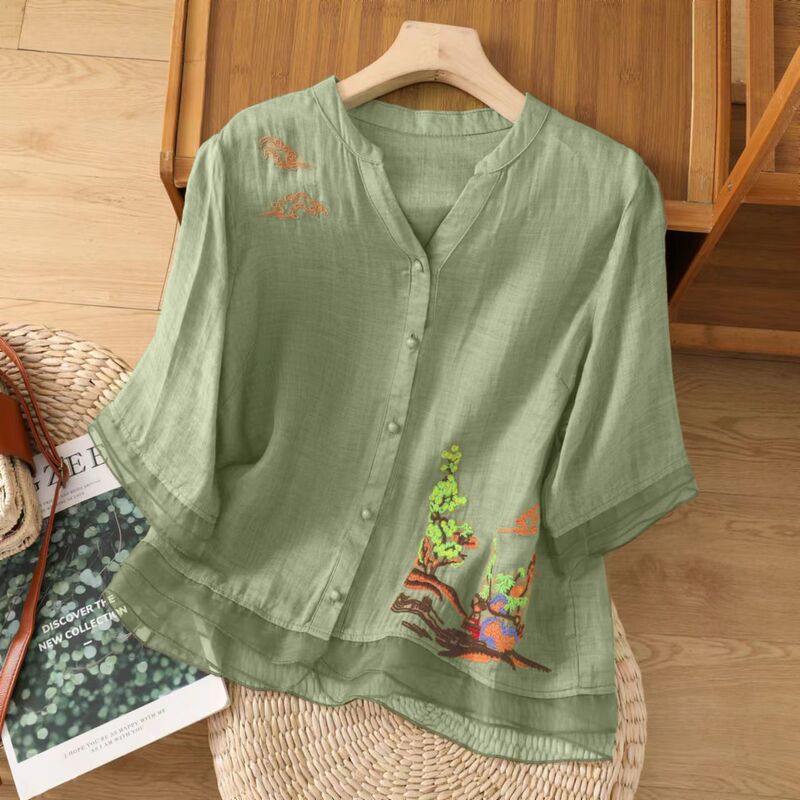 Cotton Artistic Fresh Style Embroidered V-Neck High-End Regular Fit Elegant Spring and Summer New Women's Shirt Top Cotton Artistic Fresh Style Embroidered V-Neck High-End Regular Fit Elegant Spring and Summer New Women's Shirt Top