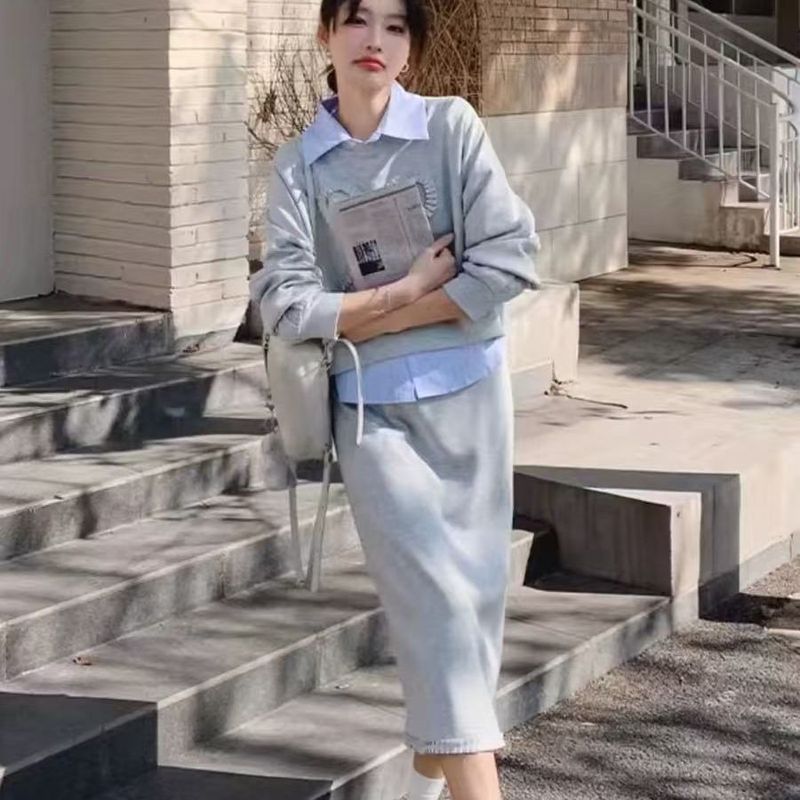 盐系穿搭三件套装条纹衬衫卫衣连衣裙通勤时尚女减龄春秋长裙子|undefined