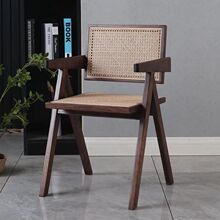 北欧实木藤编椅子休闲甜品民宿餐厅咖啡厅扶手组装昌迪加尔椅K椅