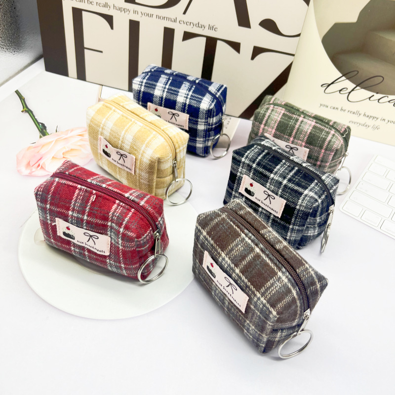 Ins-style plaid coin purse, simple fabric storage bag, high-appearance student coin bag, portable keychain hanging bag