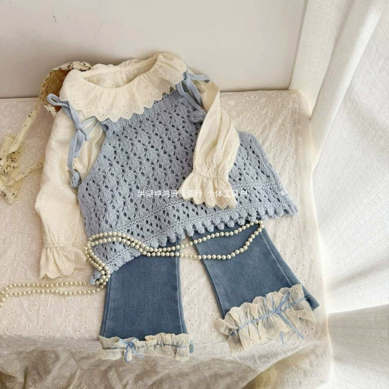 Spring universal knitted shirt, lace vest, megaphone, jeans, set, new collection, 3 piece set