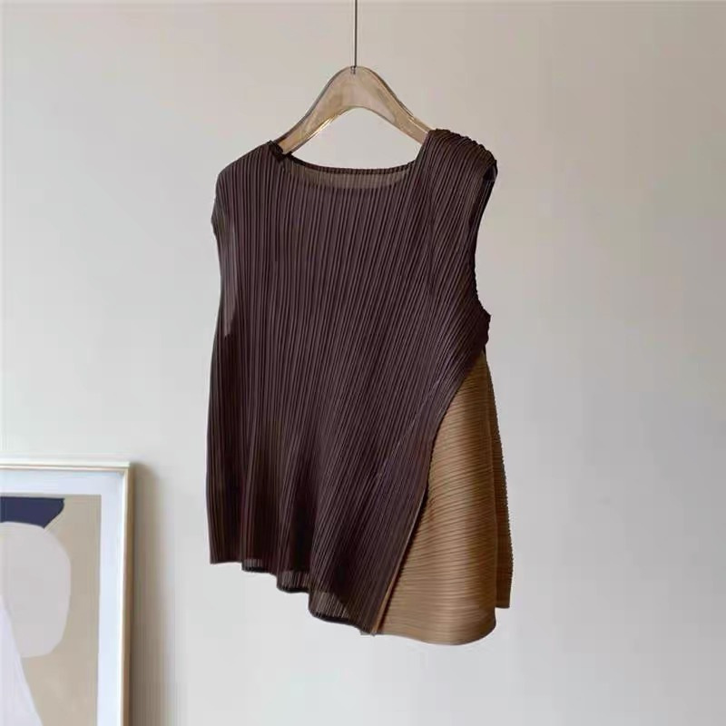 Brand Discount Foreign Trade Women's Textured Pleated Irregular Vest Fashion Color-Blocking Sleeveless T-Shirt