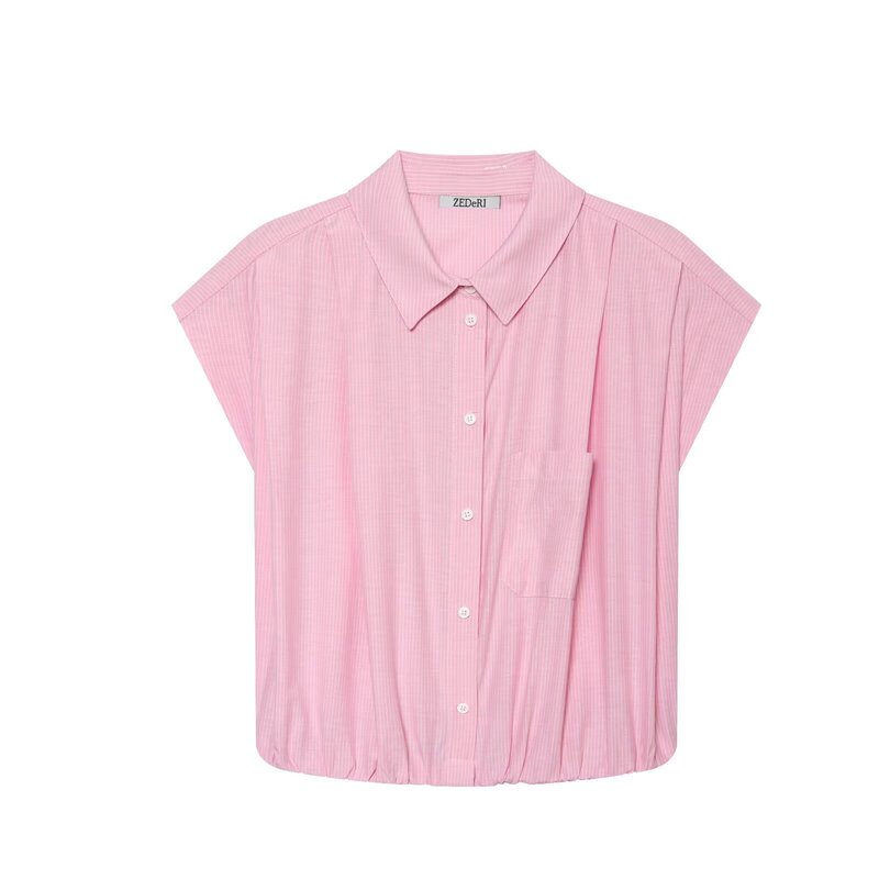 Cross-Border Bestseller Za Custom-Made Sleeveless Wide-Shoulder Ruched Design Striped Hem-Cinching Shirt with Turn-Down Collar and Short Flutter Sleeves