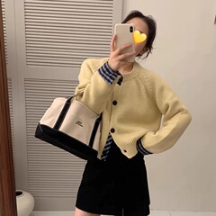 韓国の年齢を軽減する気質シャツ袖口ステッチ偽ツーピース秋冬ラウンドネックソフトワックスニットカーディガンセータージャケット女性用